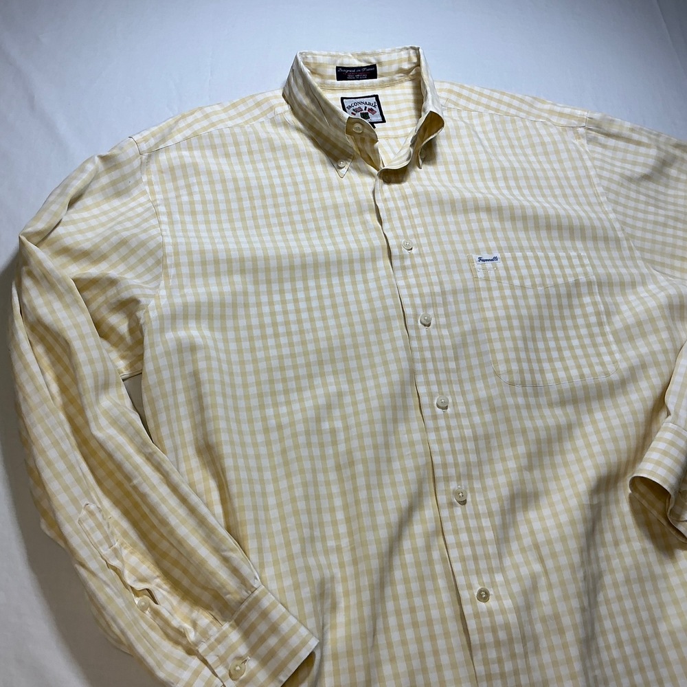 Faconnable Mens Yellow Gingham Check Button Down‎ Long Sleeve Dress Shirt M